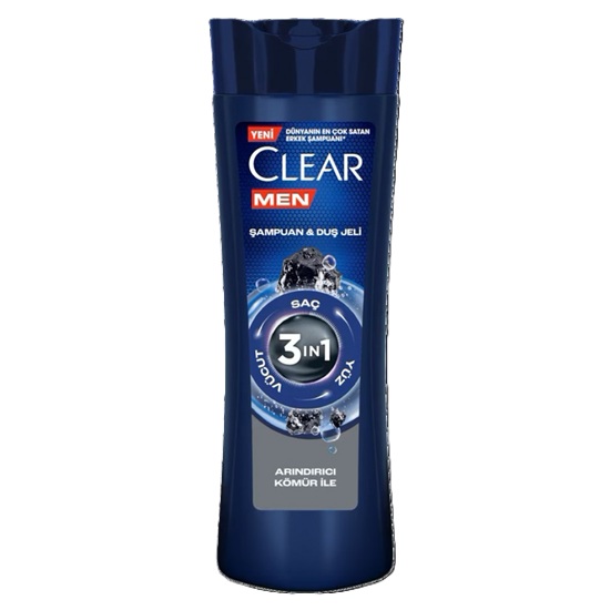 Clear Men 3 in 1 Şampuan & Duş Jeli Arındırıcı Kömür 350 ml.