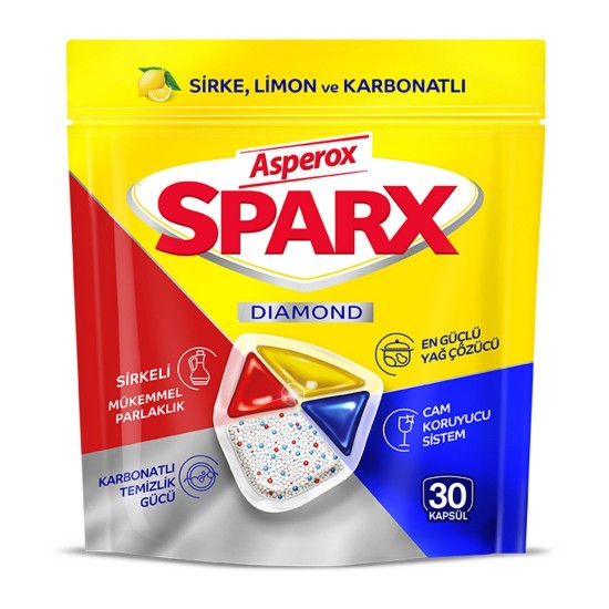 ASPEROX SPARX 30'lu bulaşık makinesi tableti, pırıl pırıl bulaşıklar, yağ çözücü